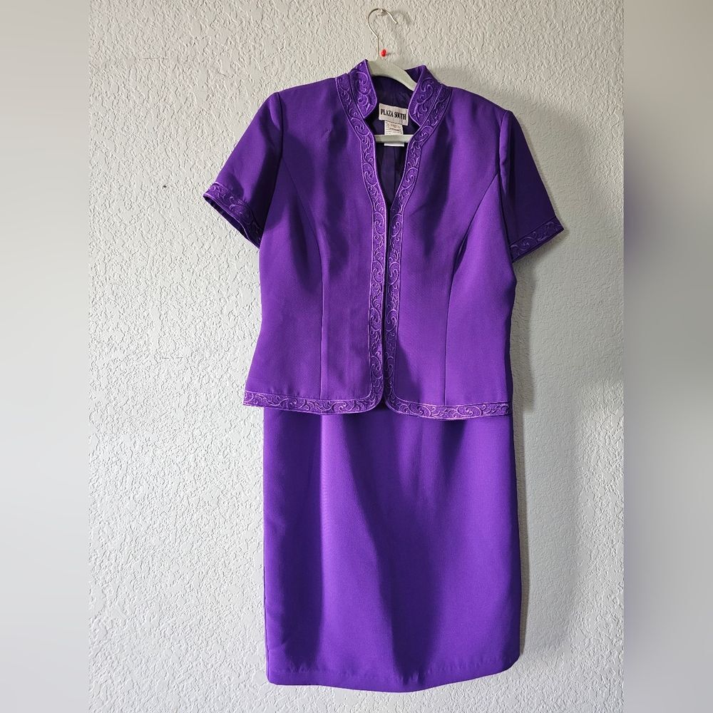 Plaza South Purple Embroidered Short-Sleeve Skirt Suit